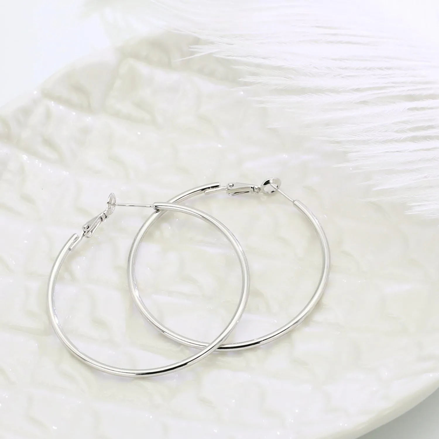 925 Sterling Silver Post Hoop Earrings,18K White Gold Plated Polished Rounded Hoop Earrings For Women, Gift Box Packaging