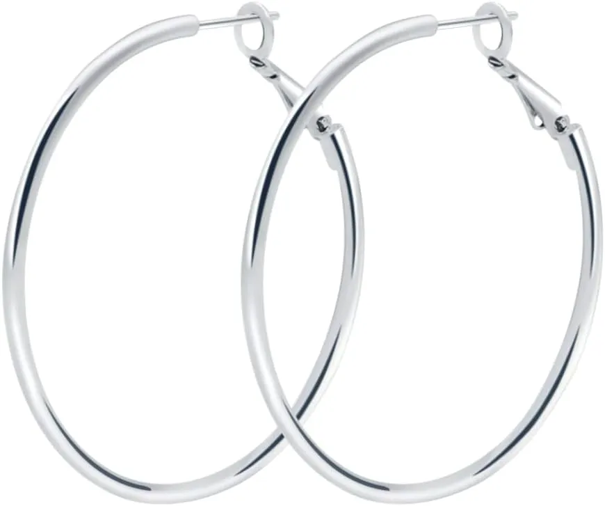 925 Sterling Silver Post Hoop Earrings,18K White Gold Plated Polished Rounded Hoop Earrings For Women, Gift Box Packaging