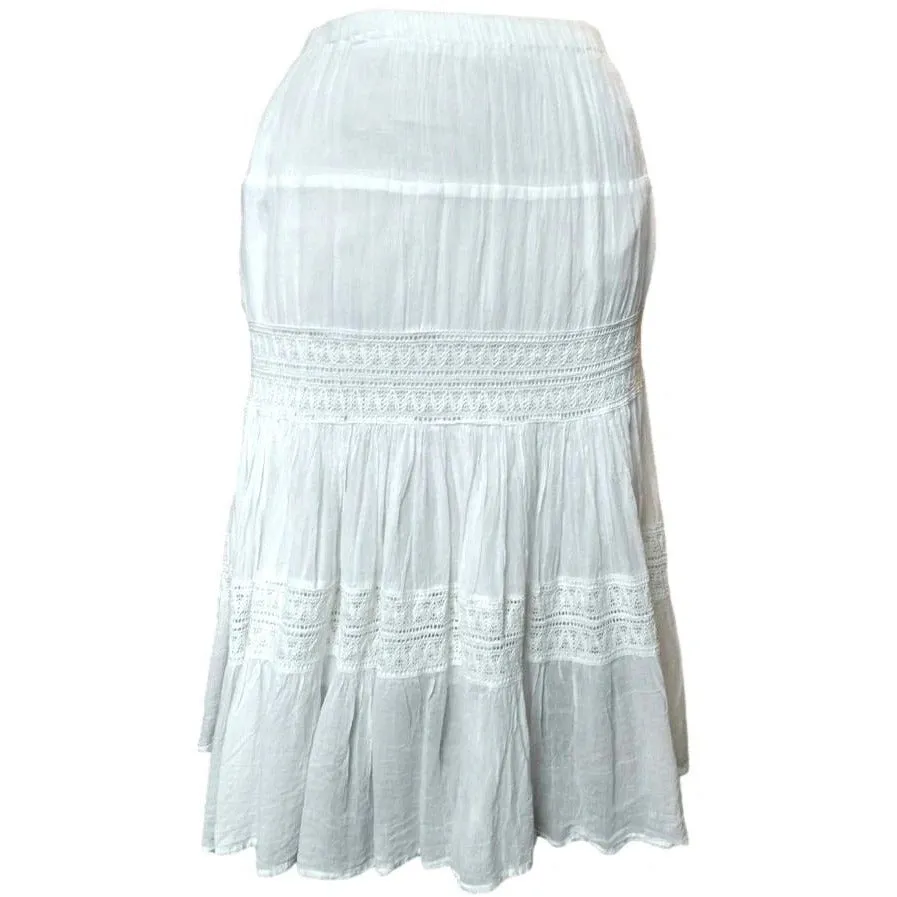 Adini White Cotton Crinkle Skirt with Crochet Insert