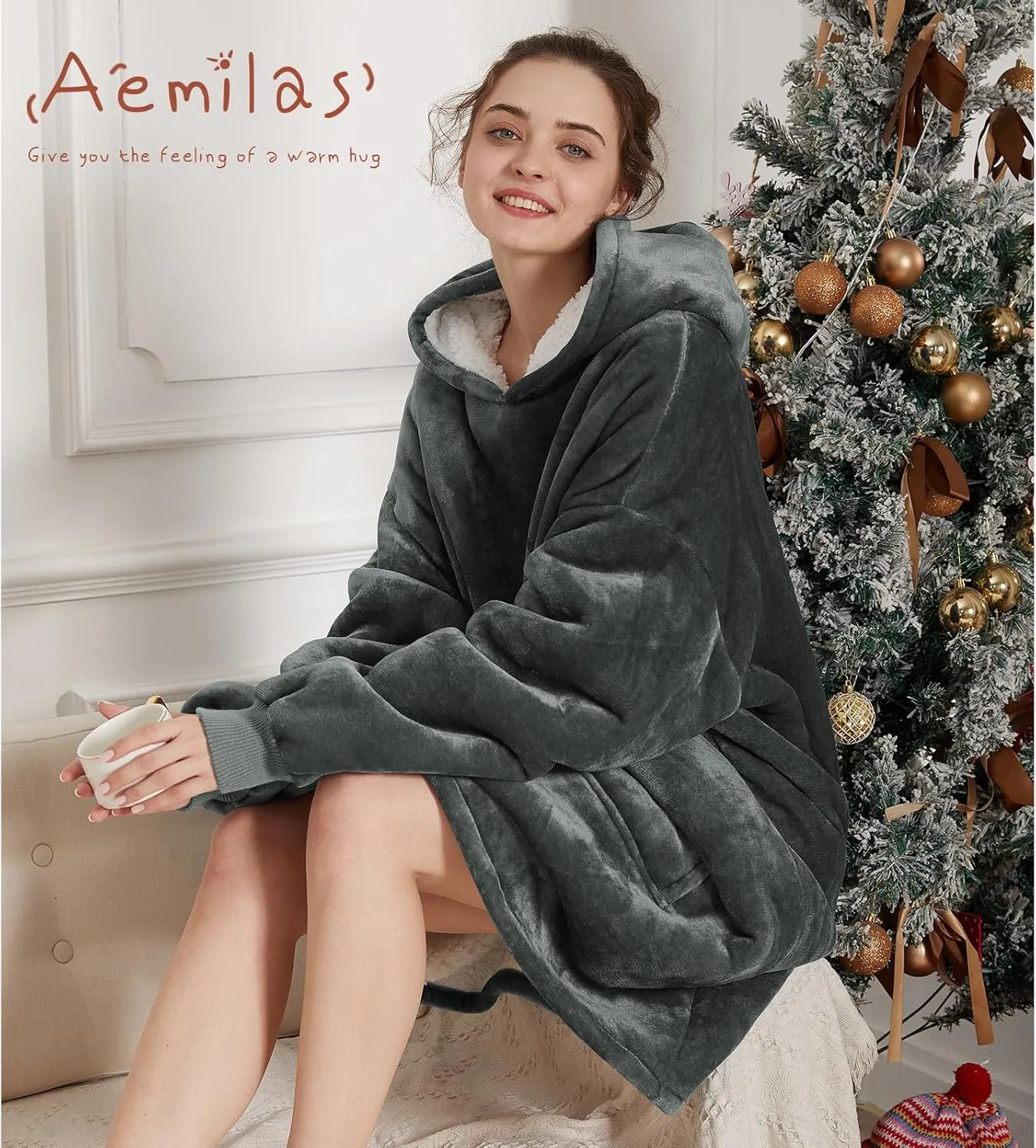 Aemilas Wearable Blanket Hoodie - Warm Sherpa Blanket Sweatshirt as Gifts for Adult Women Mom Men, One Size Fits All