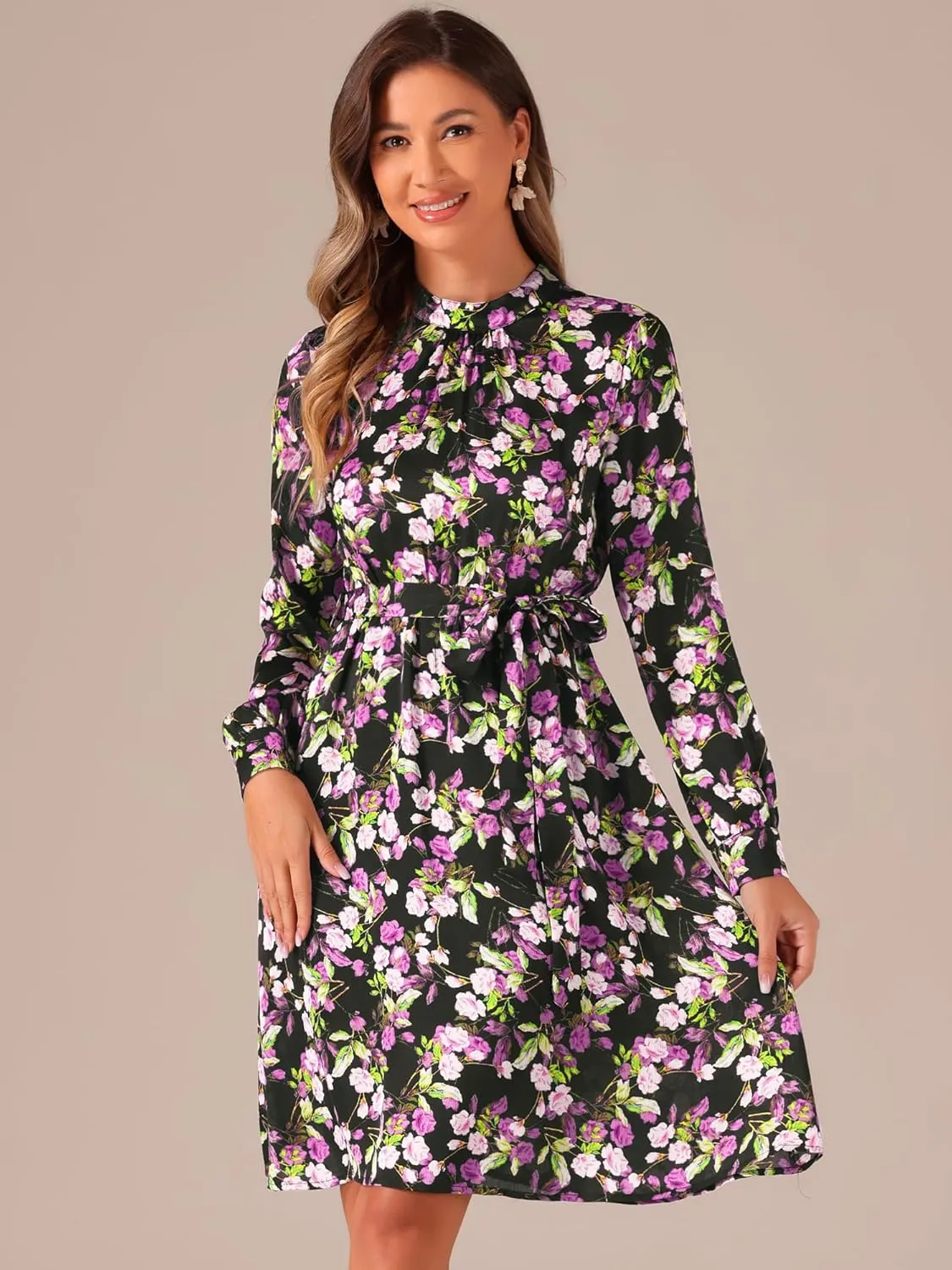 Allegra K Women's Mock Neck Swing Knee Length Long Sleeve A-line Floral Dress