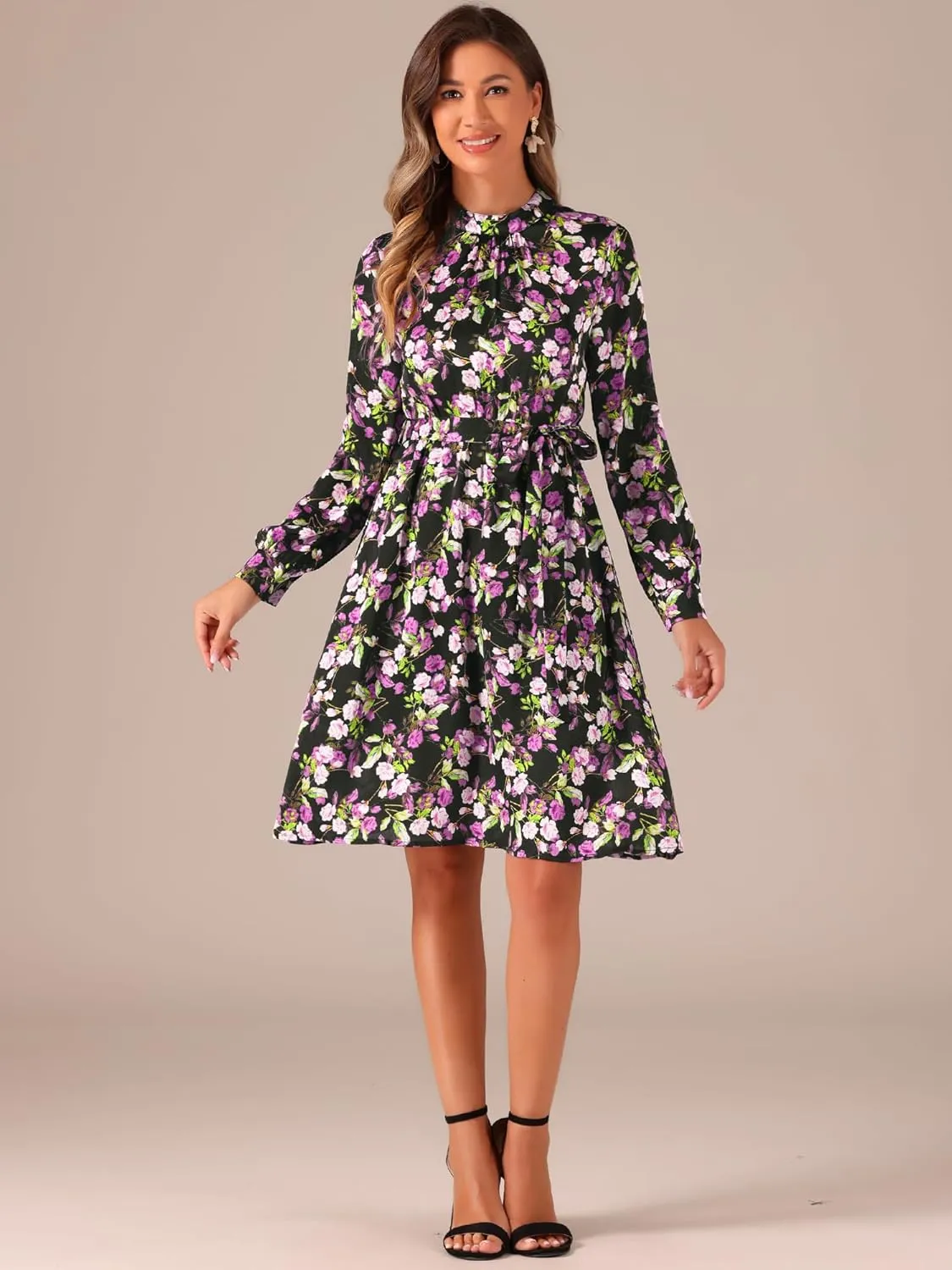 Allegra K Women's Mock Neck Swing Knee Length Long Sleeve A-line Floral Dress