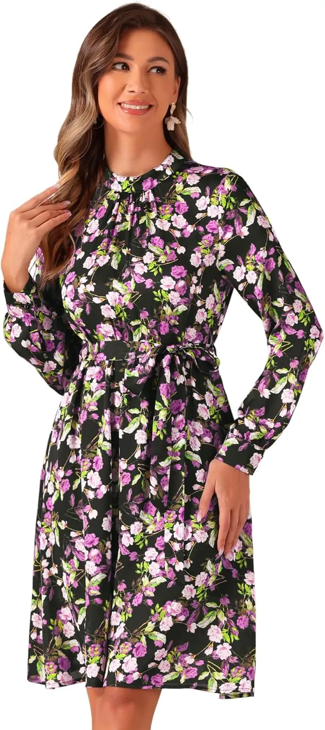 Allegra K Women's Mock Neck Swing Knee Length Long Sleeve A-line Floral Dress