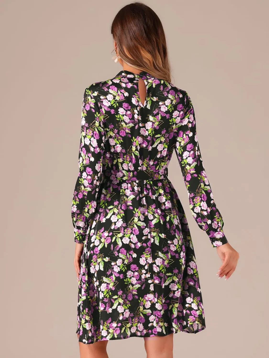 Allegra K Women's Mock Neck Swing Knee Length Long Sleeve A-line Floral Dress