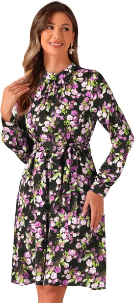 Allegra K Women's Mock Neck Swing Knee Length Long Sleeve A-line Floral Dress