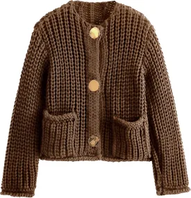Arssm Womens Cropped Cardigan Sweaters Chunky Open Front Button Down Knit Sweater Long Sleeve Loose Cardigan Outerwear(Brown-S)