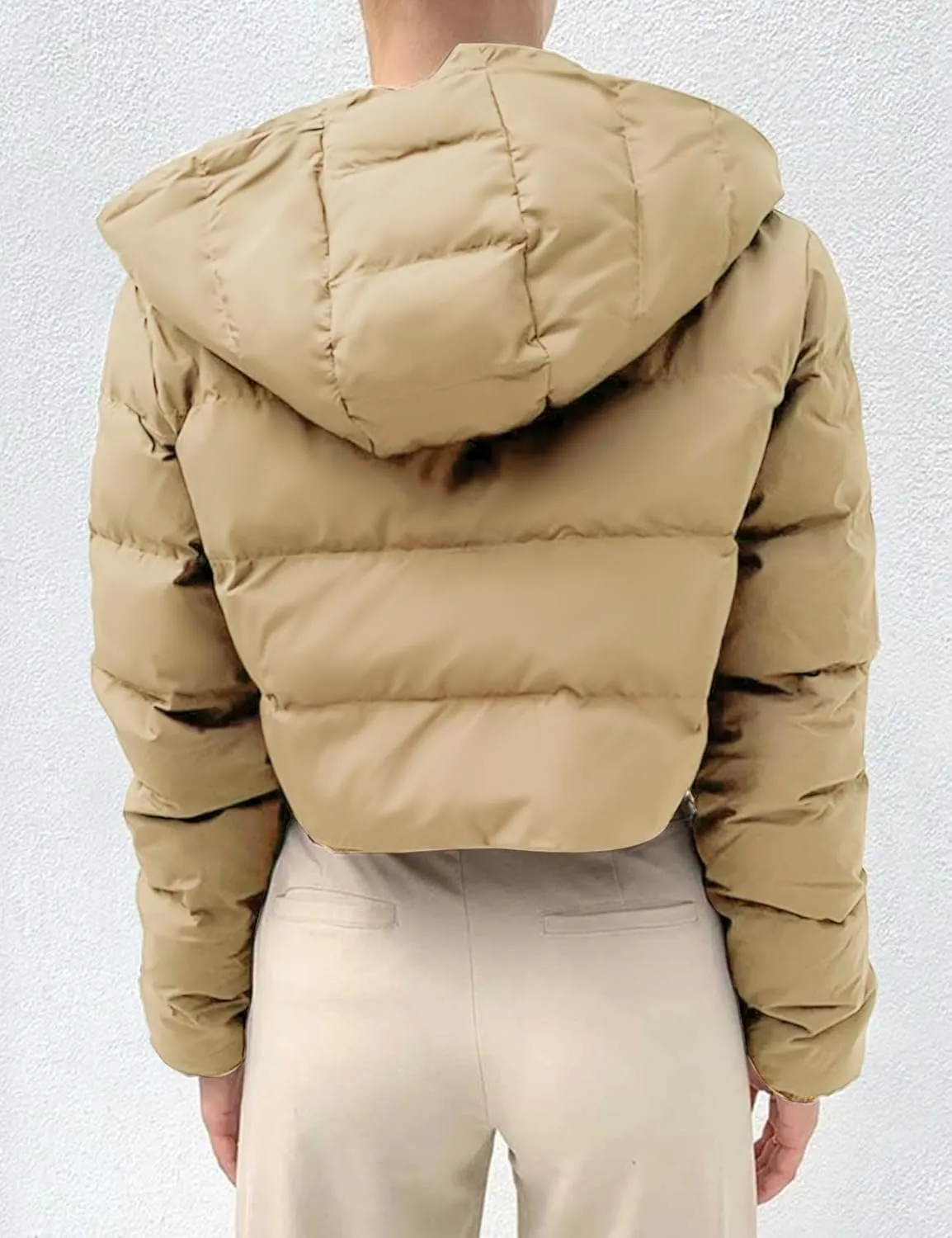 Arssm Womens Cropped Puffer Jacket Fashion Casual Hooded Zipper Long Sleeve Winter Warm Bubble Coat