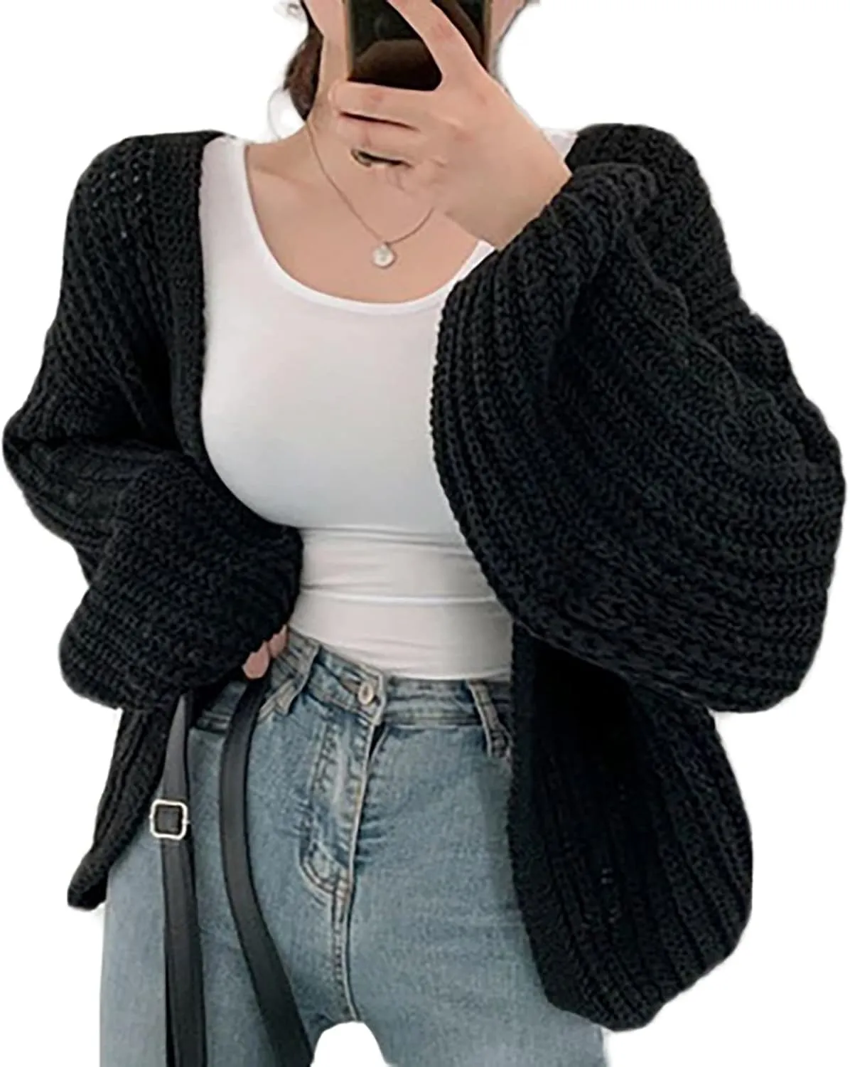BAIMORE Women's Balloon Sleeve Cardigan Chunky Knit Solid Casual Loose Sweater