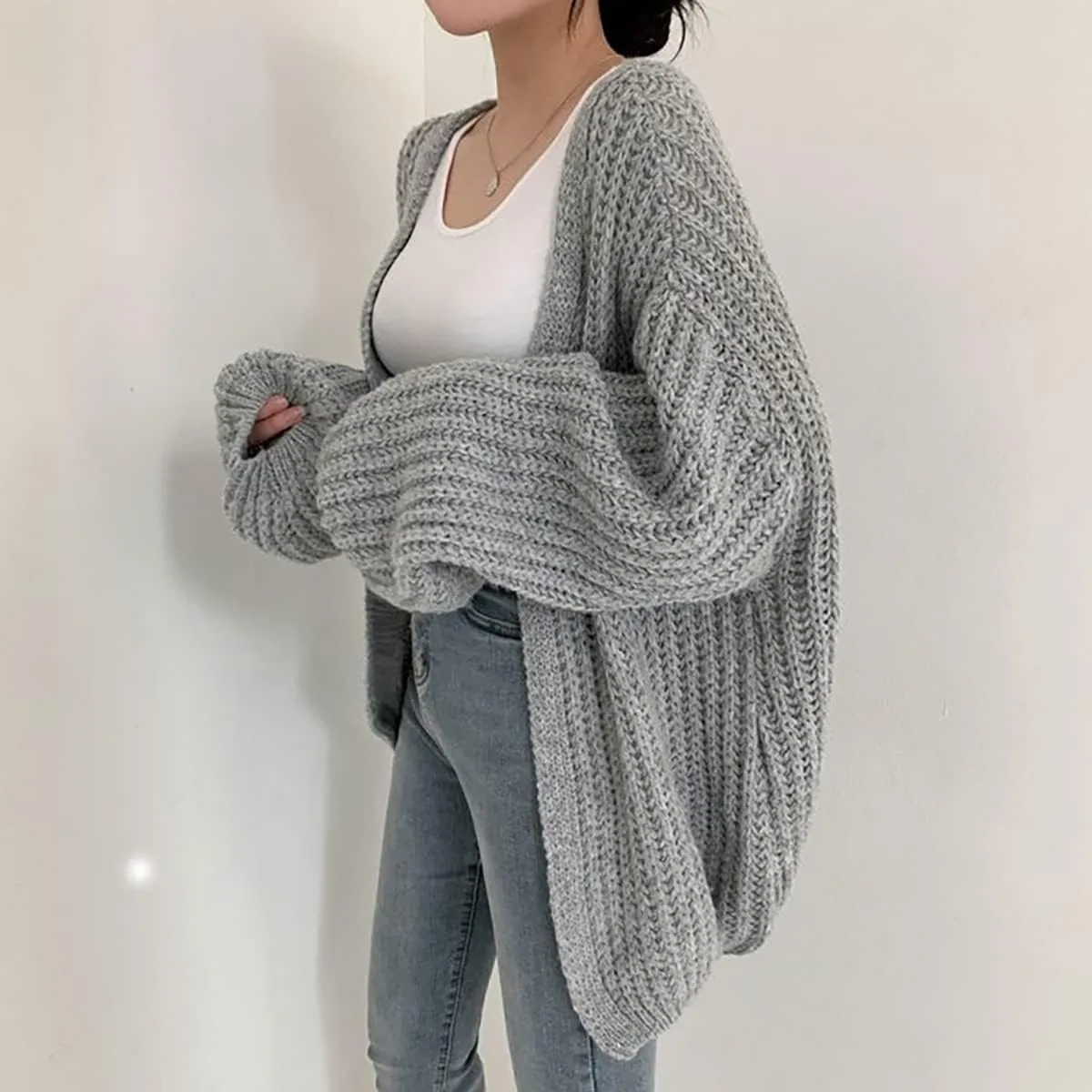 BAIMORE Women's Balloon Sleeve Cardigan Chunky Knit Solid Casual Loose Sweater