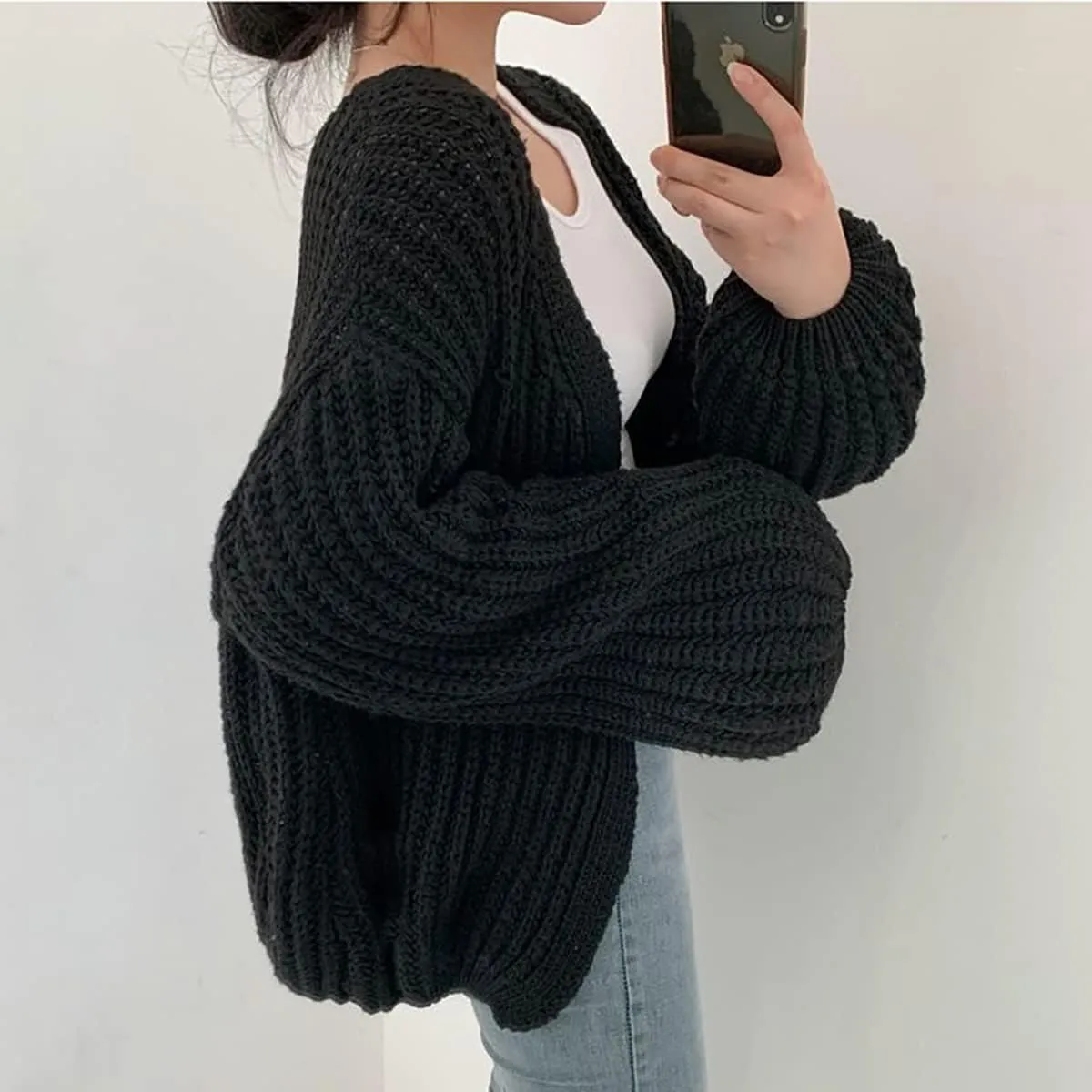 BAIMORE Women's Balloon Sleeve Cardigan Chunky Knit Solid Casual Loose Sweater