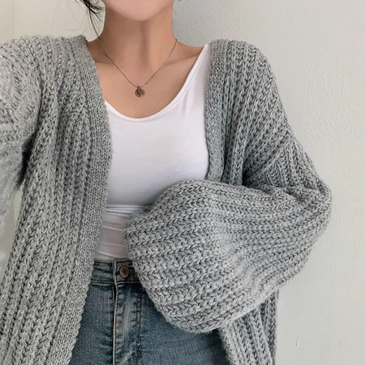 BAIMORE Women's Balloon Sleeve Cardigan Chunky Knit Solid Casual Loose Sweater