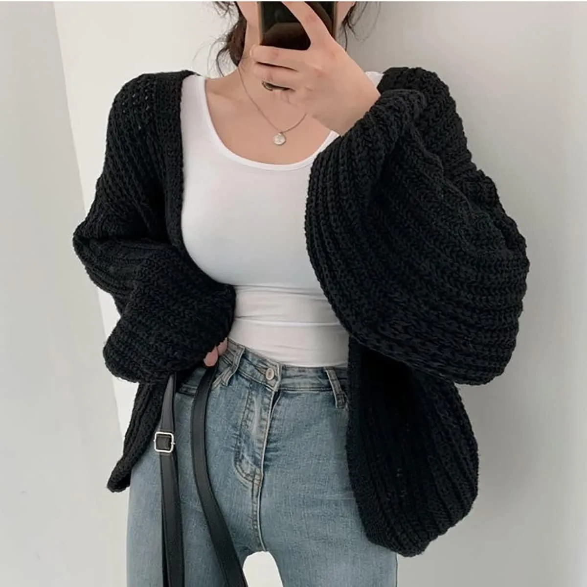 BAIMORE Women's Balloon Sleeve Cardigan Chunky Knit Solid Casual Loose Sweater