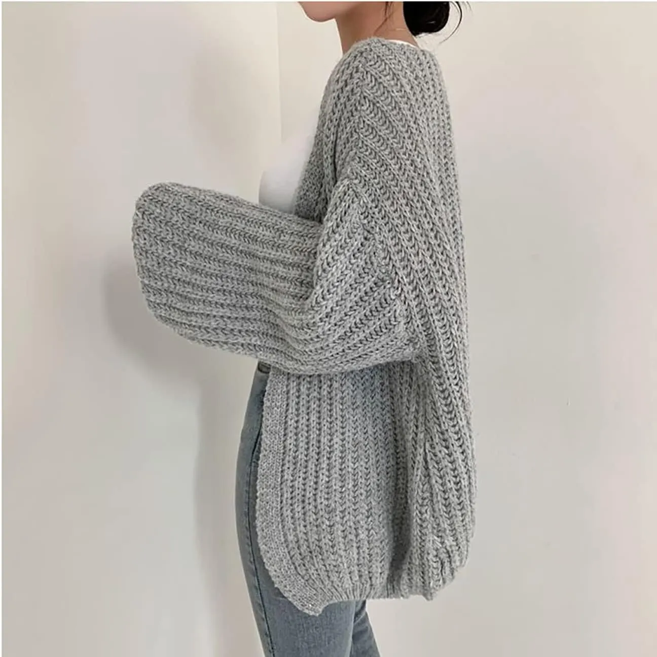 BAIMORE Women's Balloon Sleeve Cardigan Chunky Knit Solid Casual Loose Sweater