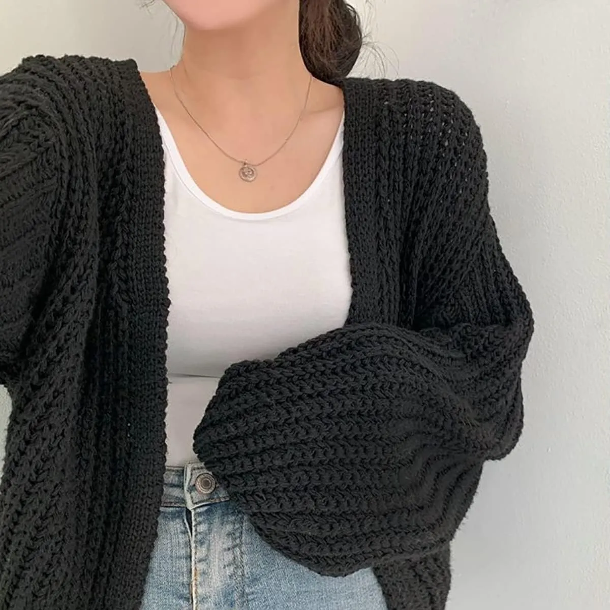 BAIMORE Women's Balloon Sleeve Cardigan Chunky Knit Solid Casual Loose Sweater