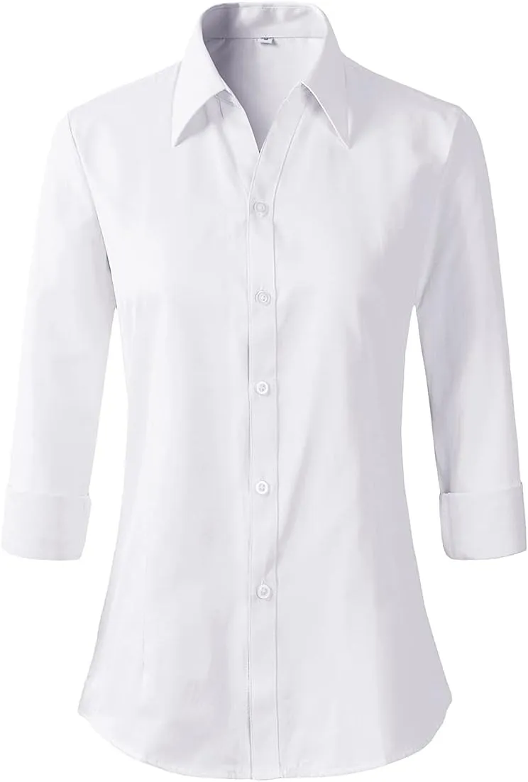 Beninos Long Sleeve V Neck Office Formal Casual Button Down Shirt Blouse for Women