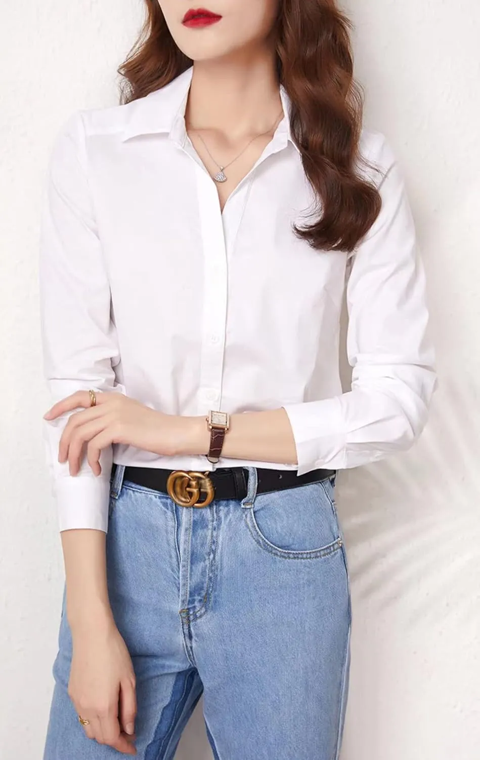 Beninos Long Sleeve V Neck Office Formal Casual Button Down Shirt Blouse for Women