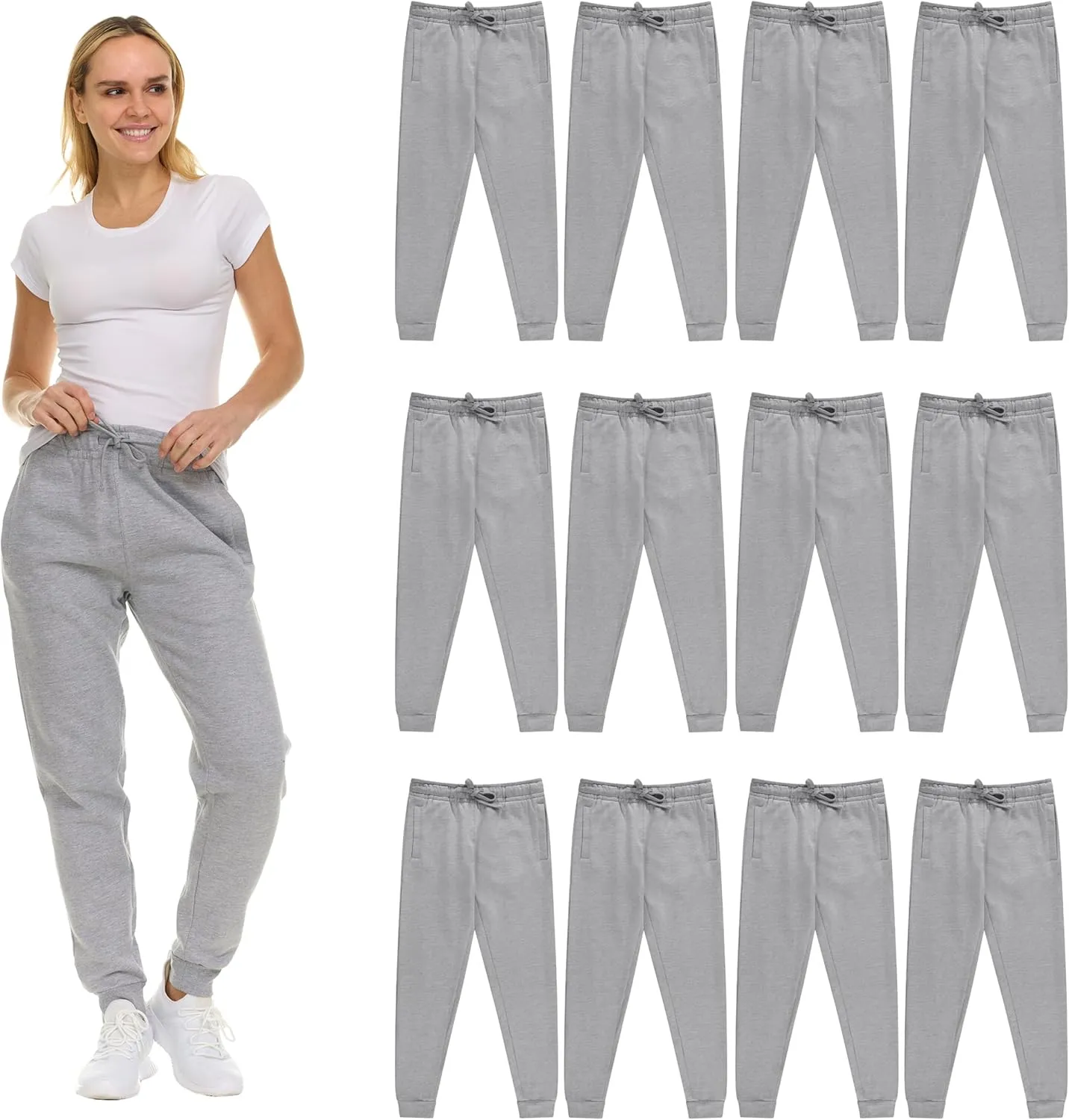 BILLIONHATS 12 Pack Women Jogger Sweatpants, Bulk Comfy Fleece-Lined with Ribbed Cuffs for Charities & Shelter Home Donations