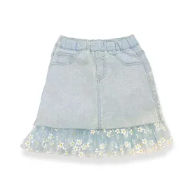 Blue Daisy Mesh Trim Denim Skirt