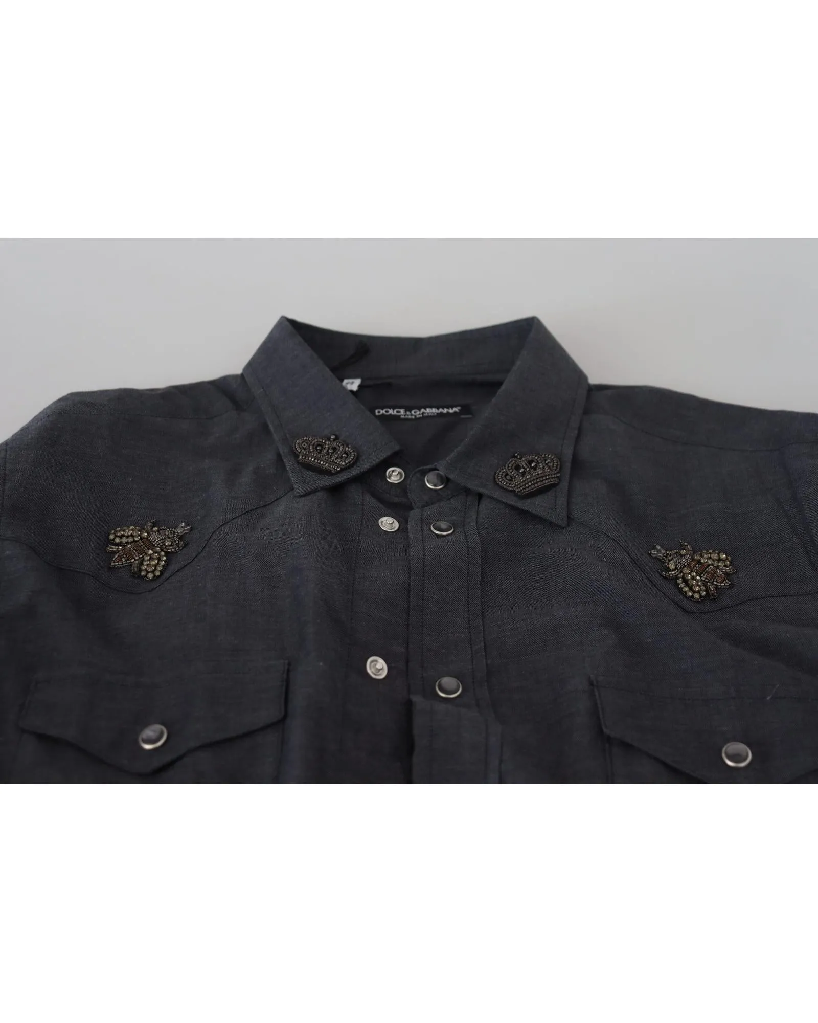 Blue Denim Slim Fit Shirt with Crystal Bee Embellishments