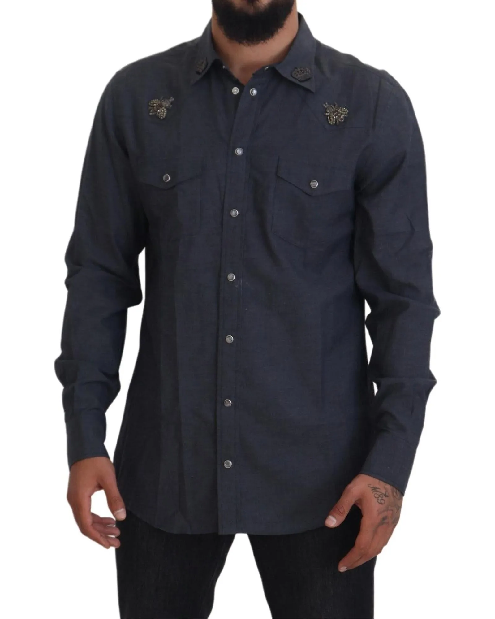 Blue Denim Slim Fit Shirt with Crystal Bee Embellishments