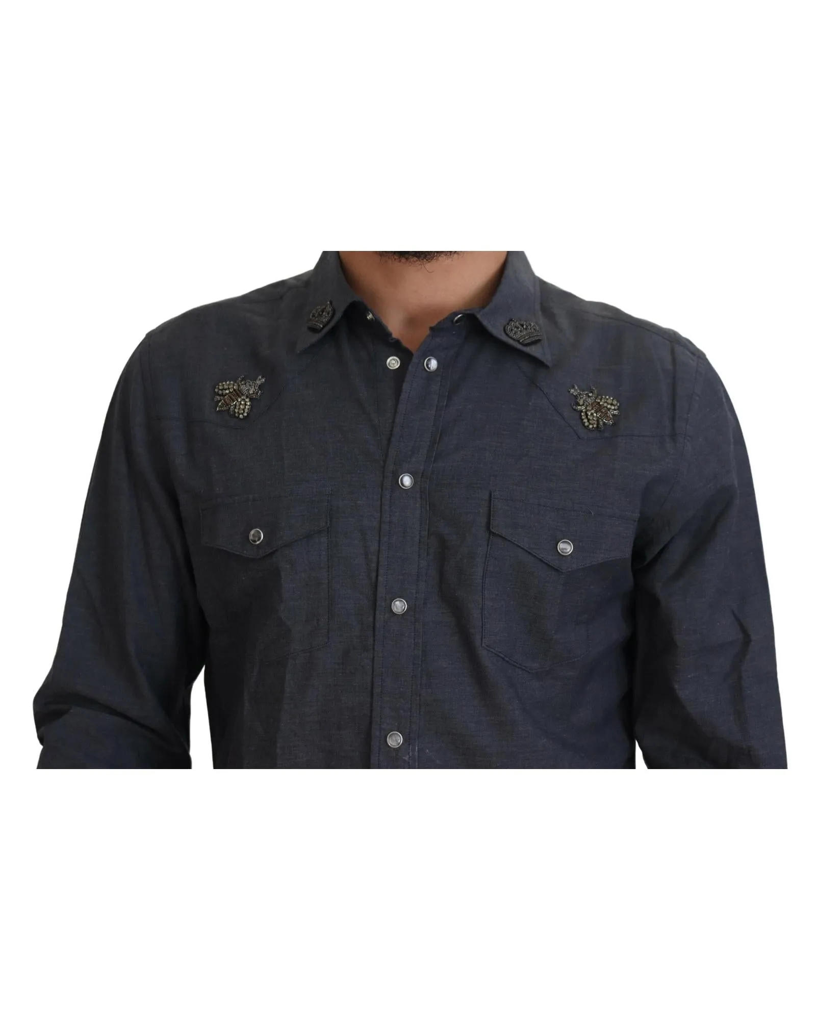 Blue Denim Slim Fit Shirt with Crystal Bee Embellishments