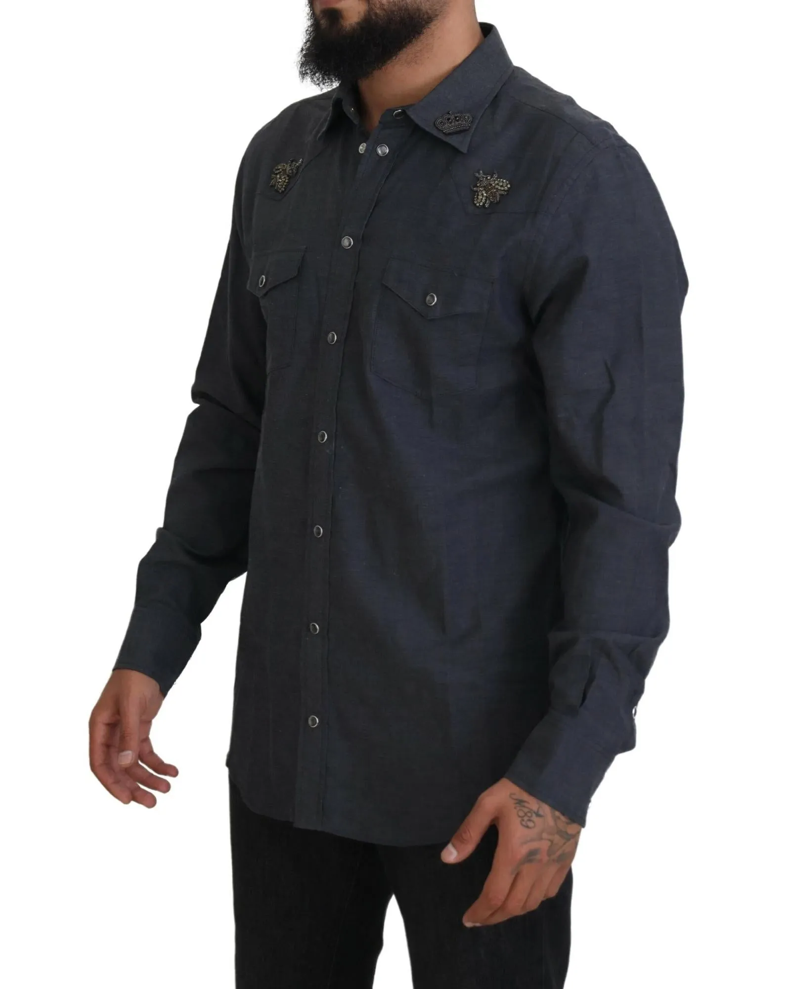Blue Denim Slim Fit Shirt with Crystal Bee Embellishments