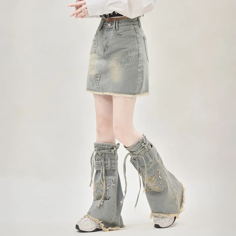 Butterfly Denim Skirt with Matching Leg Warmers Tint Denim Light Blue Y2K