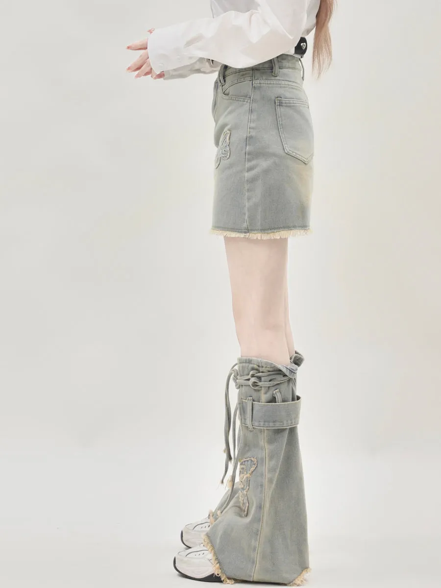 Butterfly Denim Skirt with Matching Leg Warmers Tint Denim Light Blue Y2K