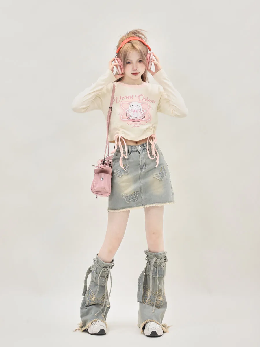 Butterfly Denim Skirt with Matching Leg Warmers Tint Denim Light Blue Y2K