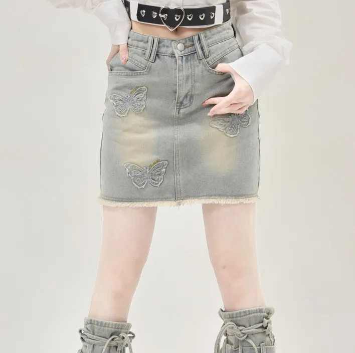 Butterfly Denim Skirt with Matching Leg Warmers Tint Denim Light Blue Y2K