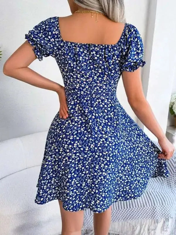 Casual Bell Sleeve Drawstring Tie Floral Swing Dress