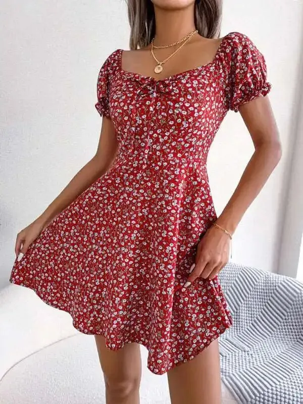 Casual Bell Sleeve Drawstring Tie Floral Swing Dress