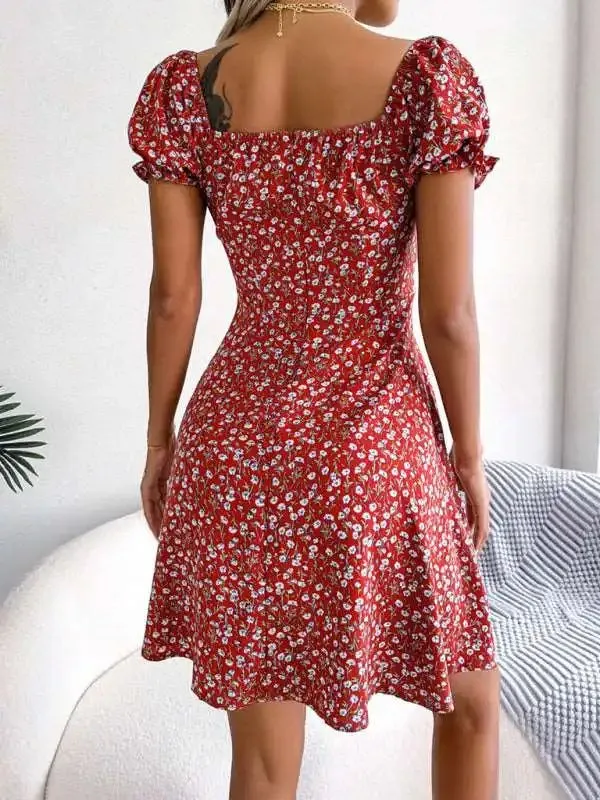 Casual Bell Sleeve Drawstring Tie Floral Swing Dress