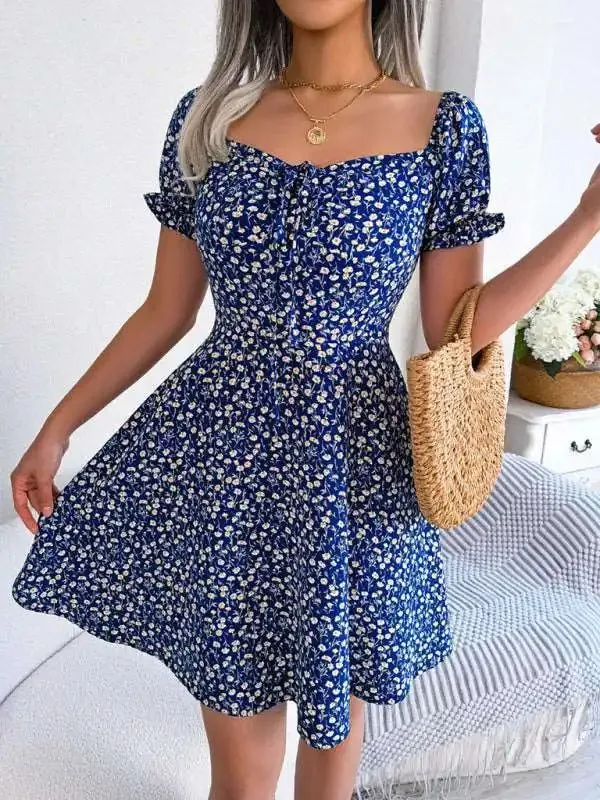 Casual Bell Sleeve Drawstring Tie Floral Swing Dress