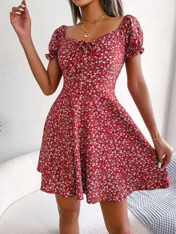 Casual Bell Sleeve Drawstring Tie Floral Swing Dress