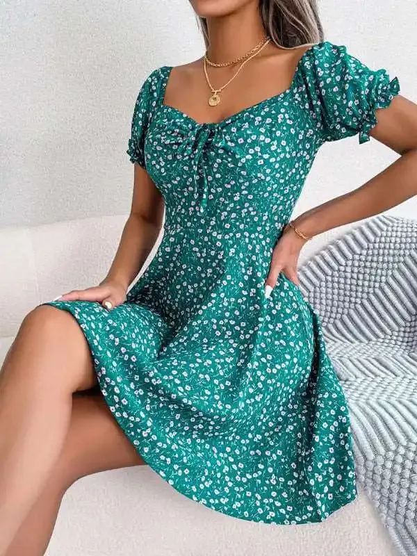 Casual Bell Sleeve Drawstring Tie Floral Swing Dress