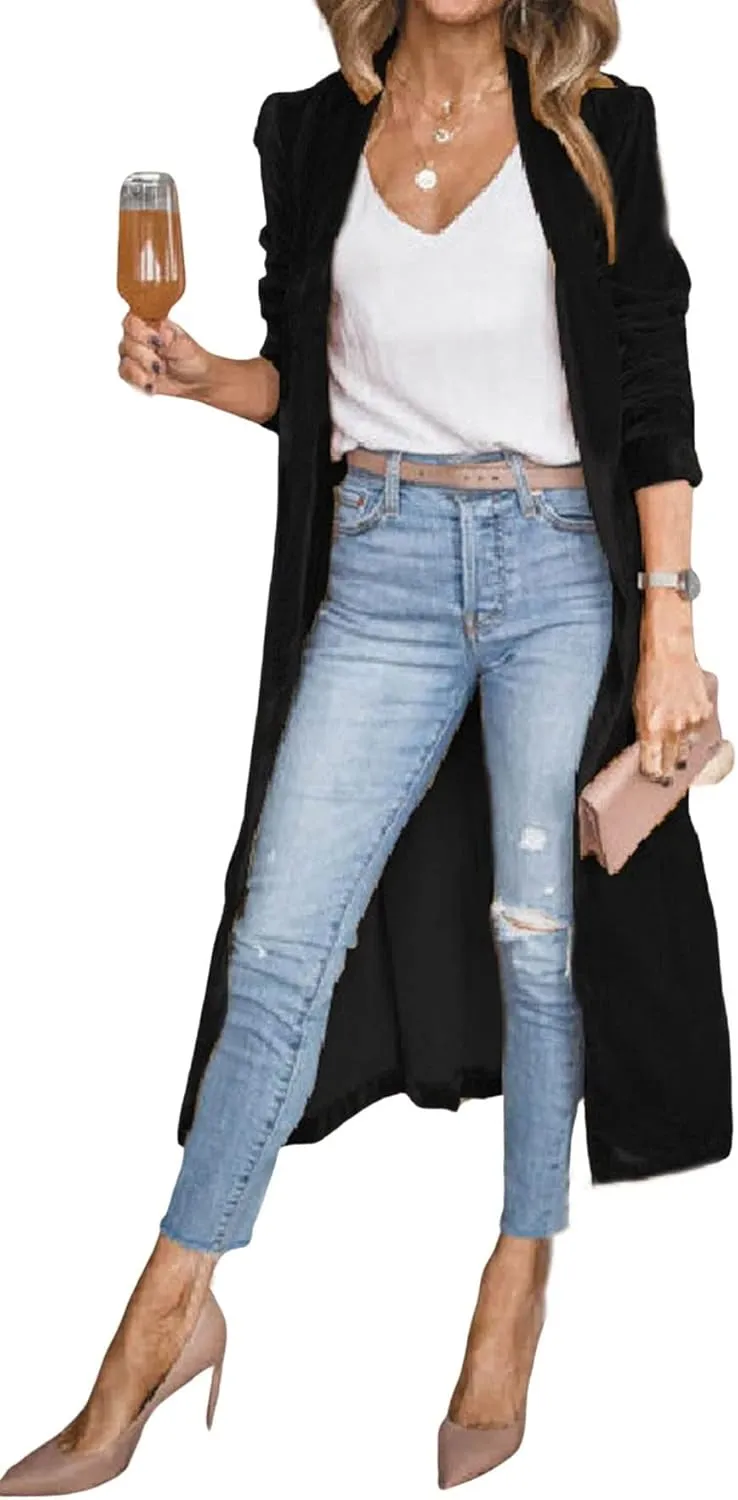CHARTOU Women Elegant Velvet Jacket Open Front Long Cardigan Duster Long Sleeve Office Work Blazer