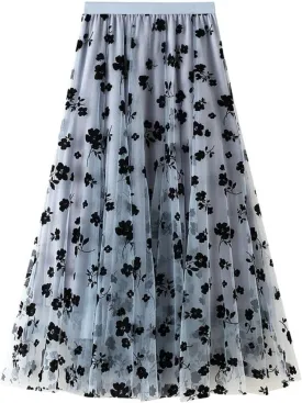CHARTOU Women's Elastic High Waist Tulle Ruffle Pleated A-Line Swing Midi Skirt