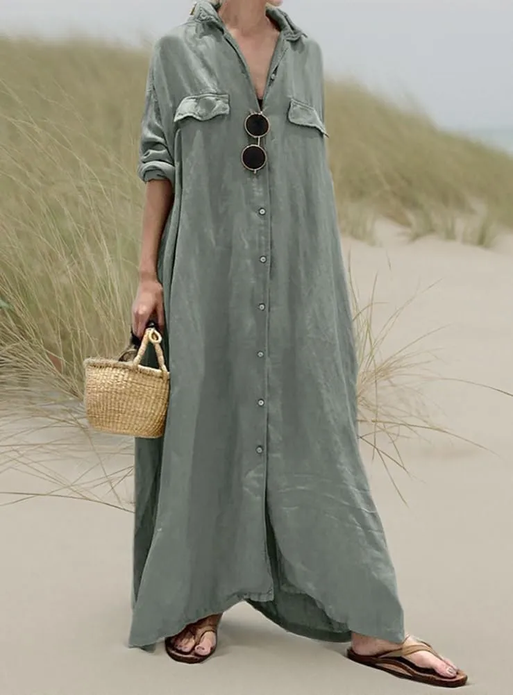 chouyatou Women's Casual Long Sleeve Maxi Shirt Dress Loose Fit Cotton Button Down Swing Long Dress