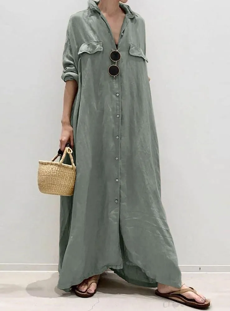chouyatou Women's Casual Long Sleeve Maxi Shirt Dress Loose Fit Cotton Button Down Swing Long Dress
