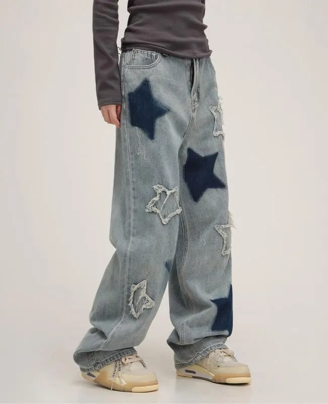 Cute Jeans for Women Girls Star Patchwork Pants Y2K High Waisted Straight Leg Baggy Jean Casual Preppy Clothes