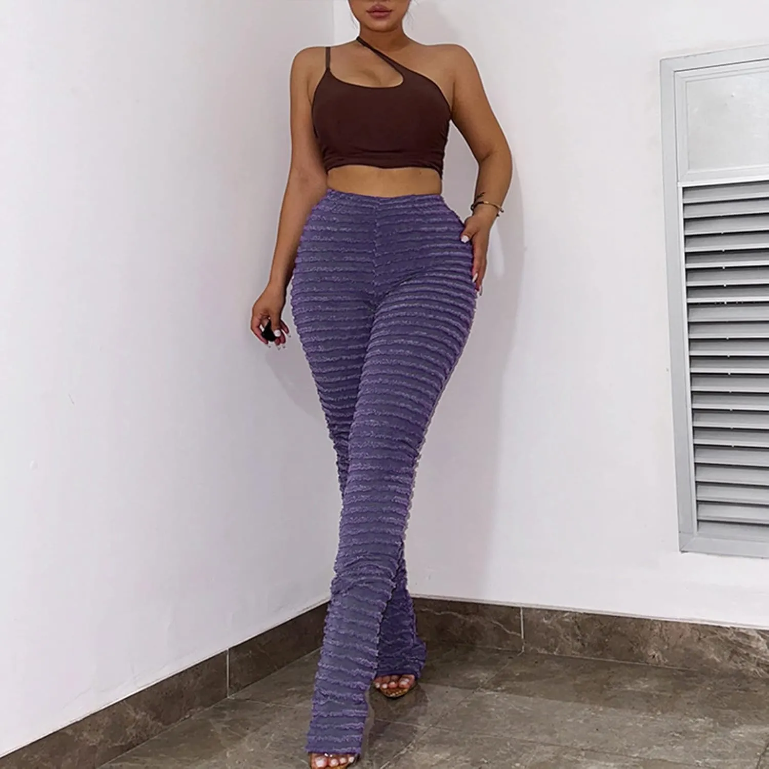 DINGANG Women Fuzzy Flare Stacked Pants, Zebra Black and White Striped High Waist Sweatpant, Knitted Pajama Legging Trendy