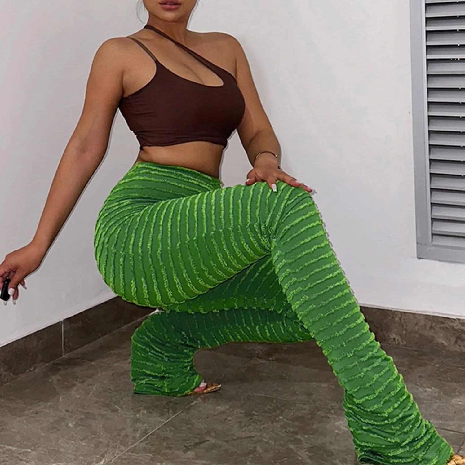 DINGANG Women Fuzzy Flare Stacked Pants, Zebra Black and White Striped High Waist Sweatpant, Knitted Pajama Legging Trendy