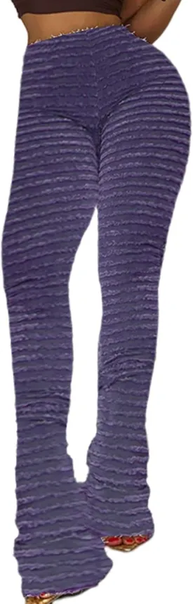 DINGANG Women Fuzzy Flare Stacked Pants, Zebra Black and White Striped High Waist Sweatpant, Knitted Pajama Legging Trendy