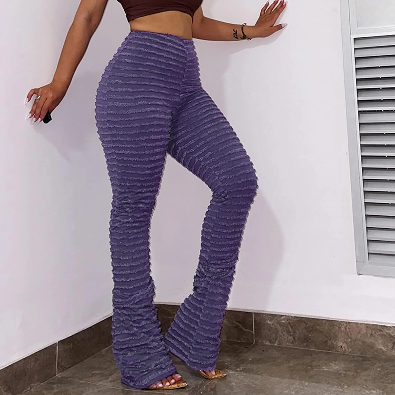 DINGANG Women Fuzzy Flare Stacked Pants, Zebra Black and White Striped High Waist Sweatpant, Knitted Pajama Legging Trendy