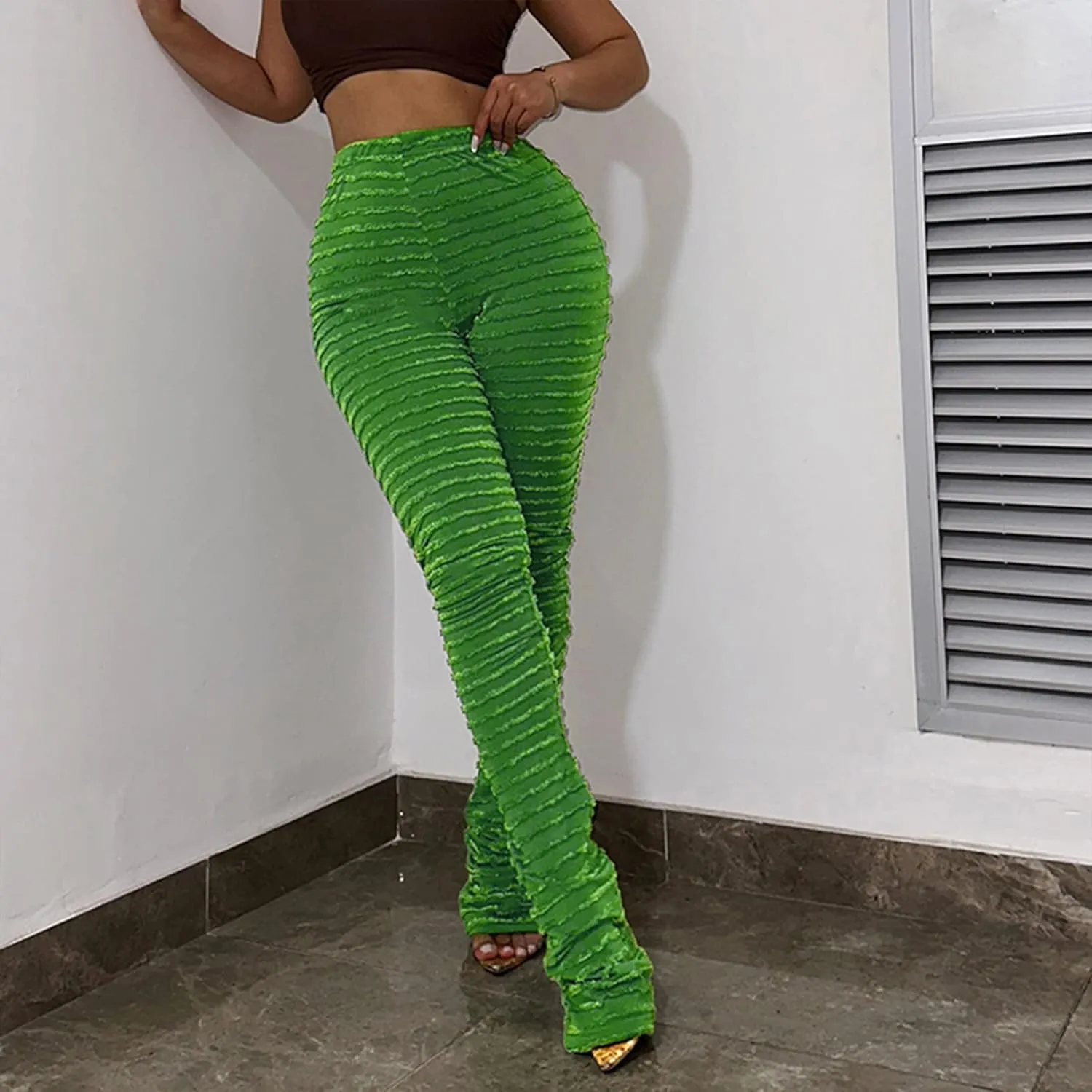 DINGANG Women Fuzzy Flare Stacked Pants, Zebra Black and White Striped High Waist Sweatpant, Knitted Pajama Legging Trendy