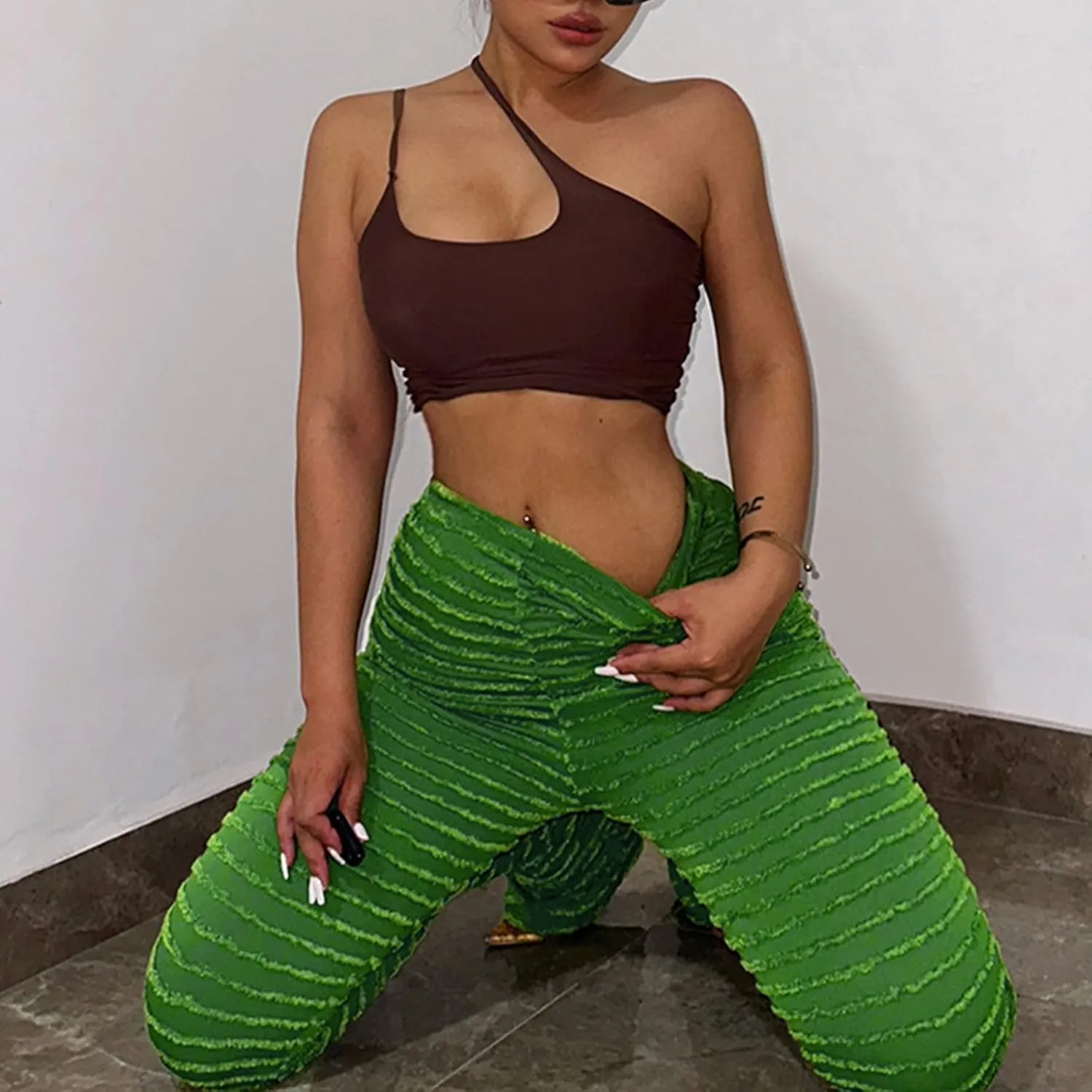 DINGANG Women Fuzzy Flare Stacked Pants, Zebra Black and White Striped High Waist Sweatpant, Knitted Pajama Legging Trendy