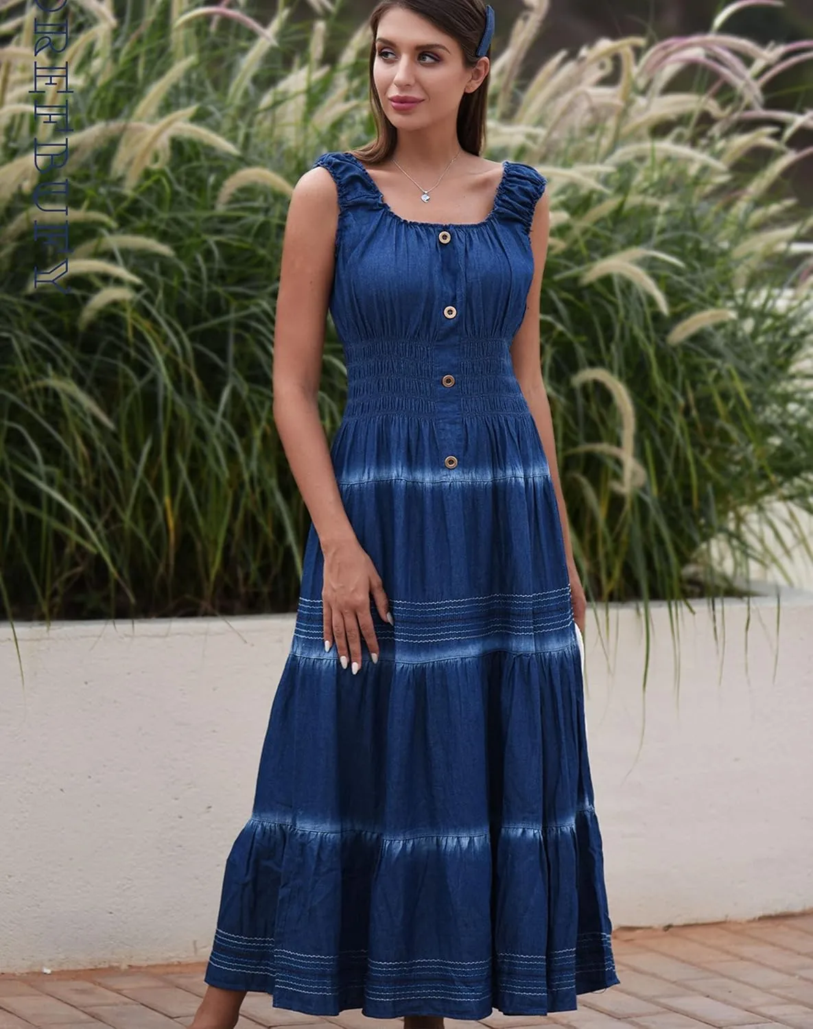 DREFBUFY Women's Maxi Dress Sleeveless Denim Long Summer A-line Casual Blue Cotton Boho Flowy Sundresses for Women