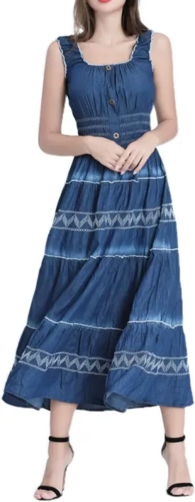 DREFBUFY Women's Maxi Dress Sleeveless Denim Long Summer A-line Casual Blue Cotton Boho Flowy Sundresses for Women