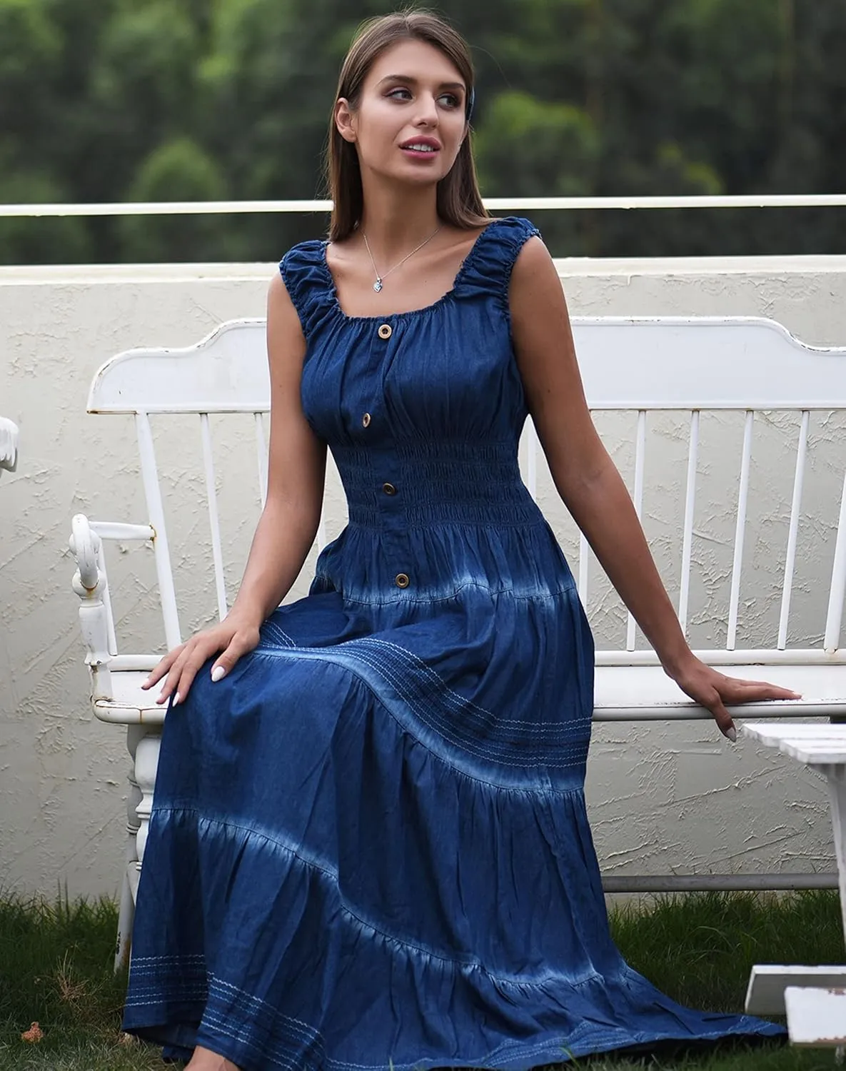 DREFBUFY Women's Maxi Dress Sleeveless Denim Long Summer A-line Casual Blue Cotton Boho Flowy Sundresses for Women